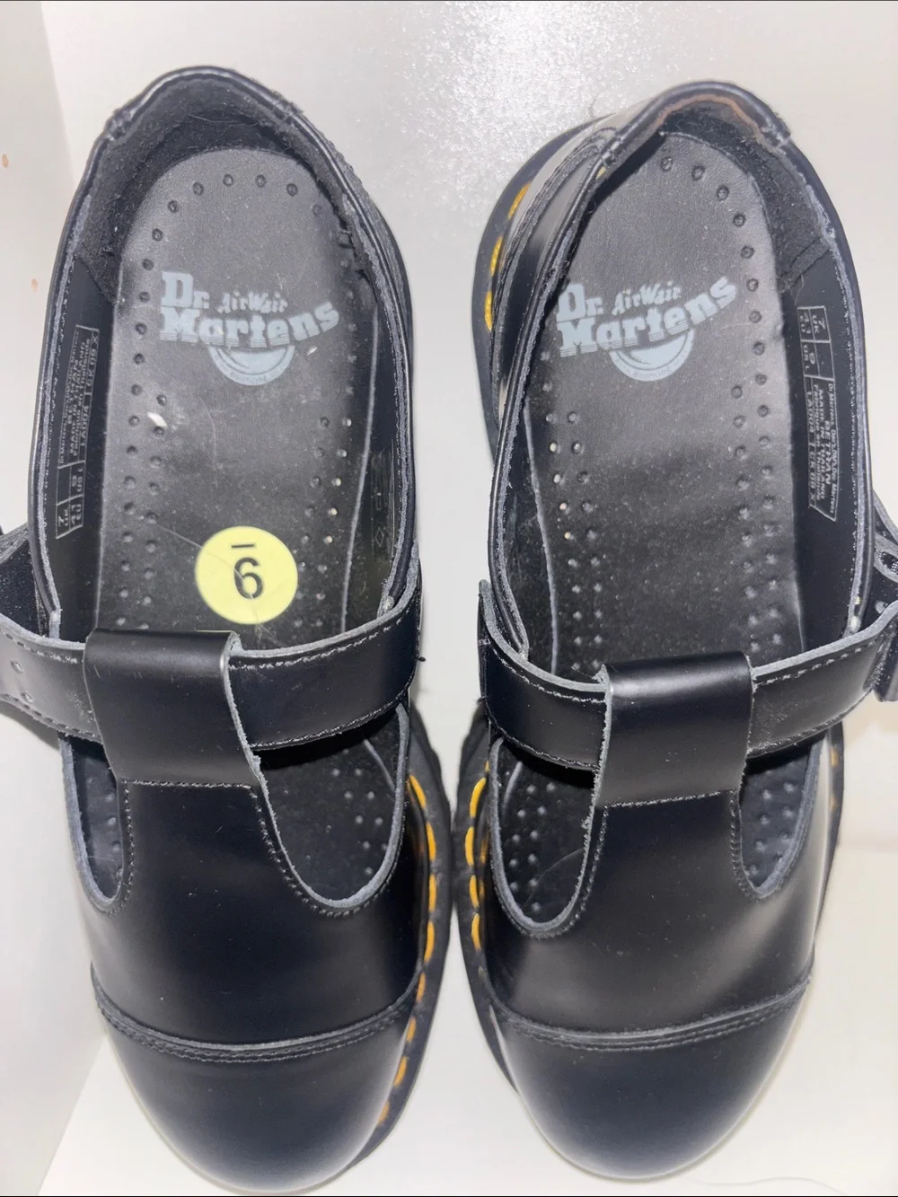 Dr. Martens Black Mary Jane Platform Shoes with Yellow Stitching